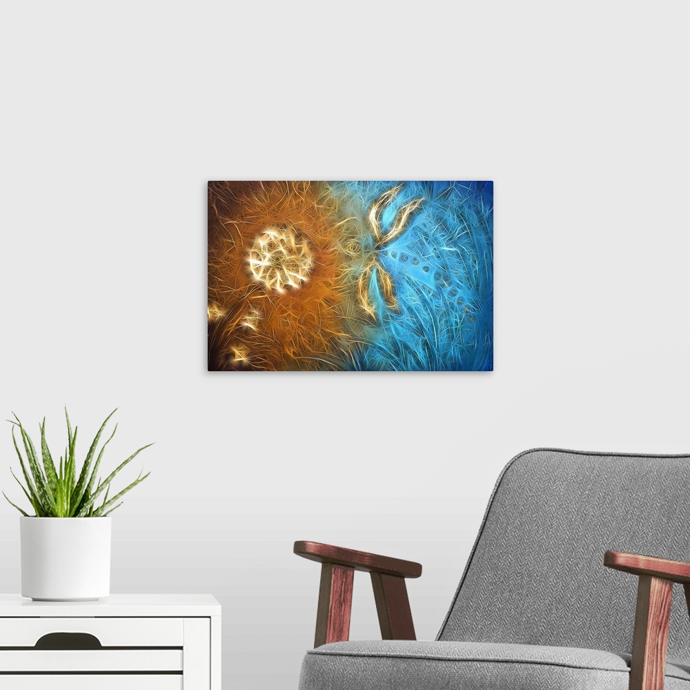 A modern room featuring Digital abstract art in blue and copper with a dragonfly flying towards a flower.