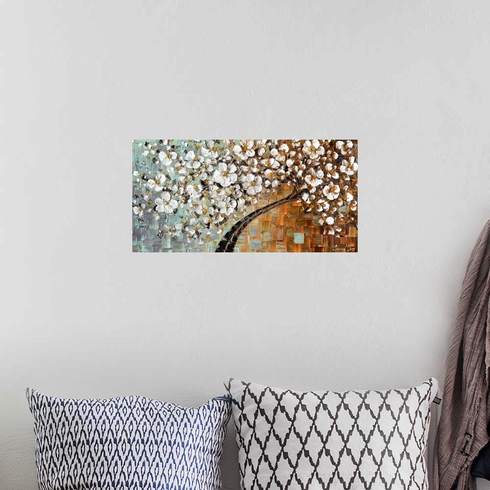 A bohemian room featuring Large painting of a tree with white flowers all over on a blue, orange, and brown background crea...