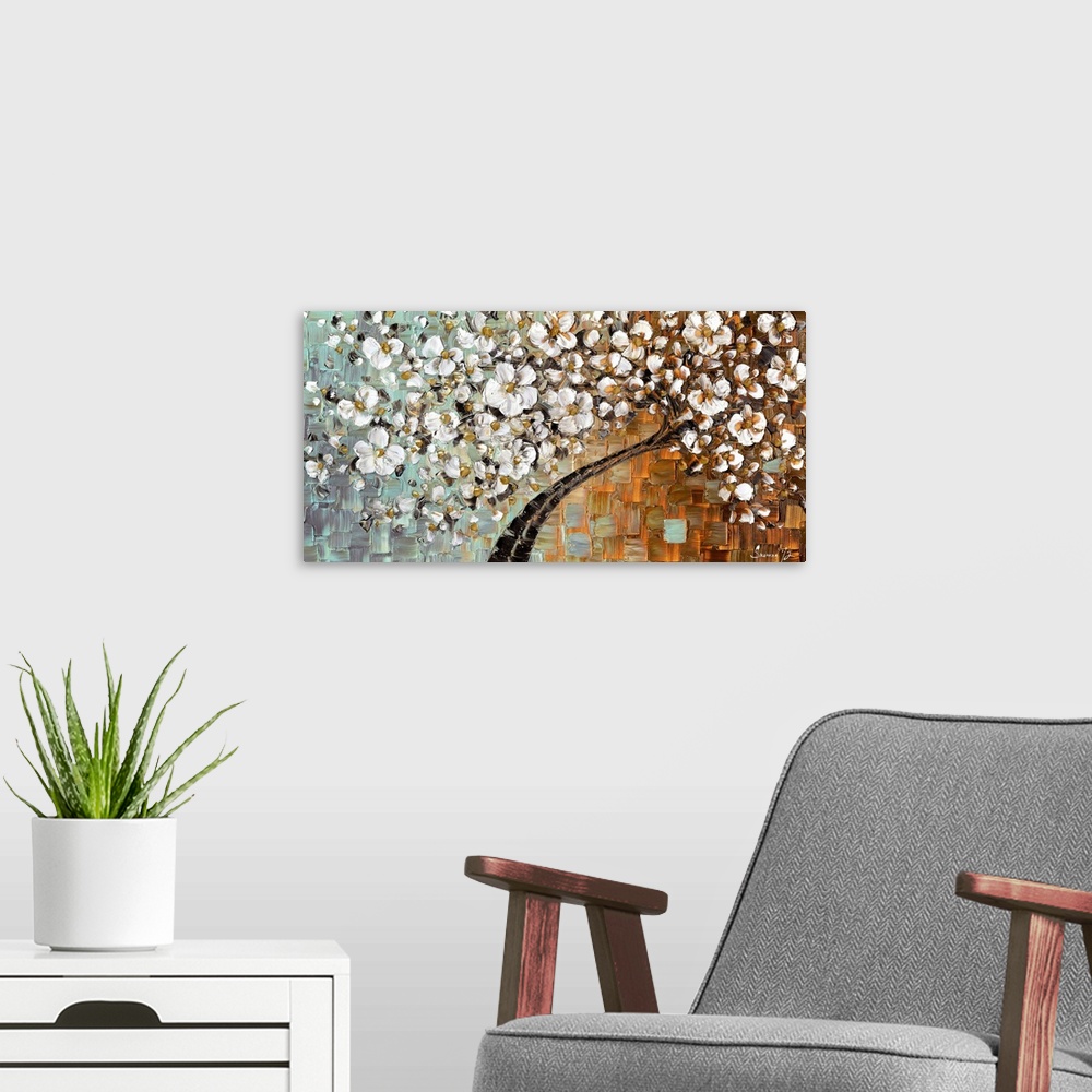 A modern room featuring Large painting of a tree with white flowers all over on a blue, orange, and brown background crea...