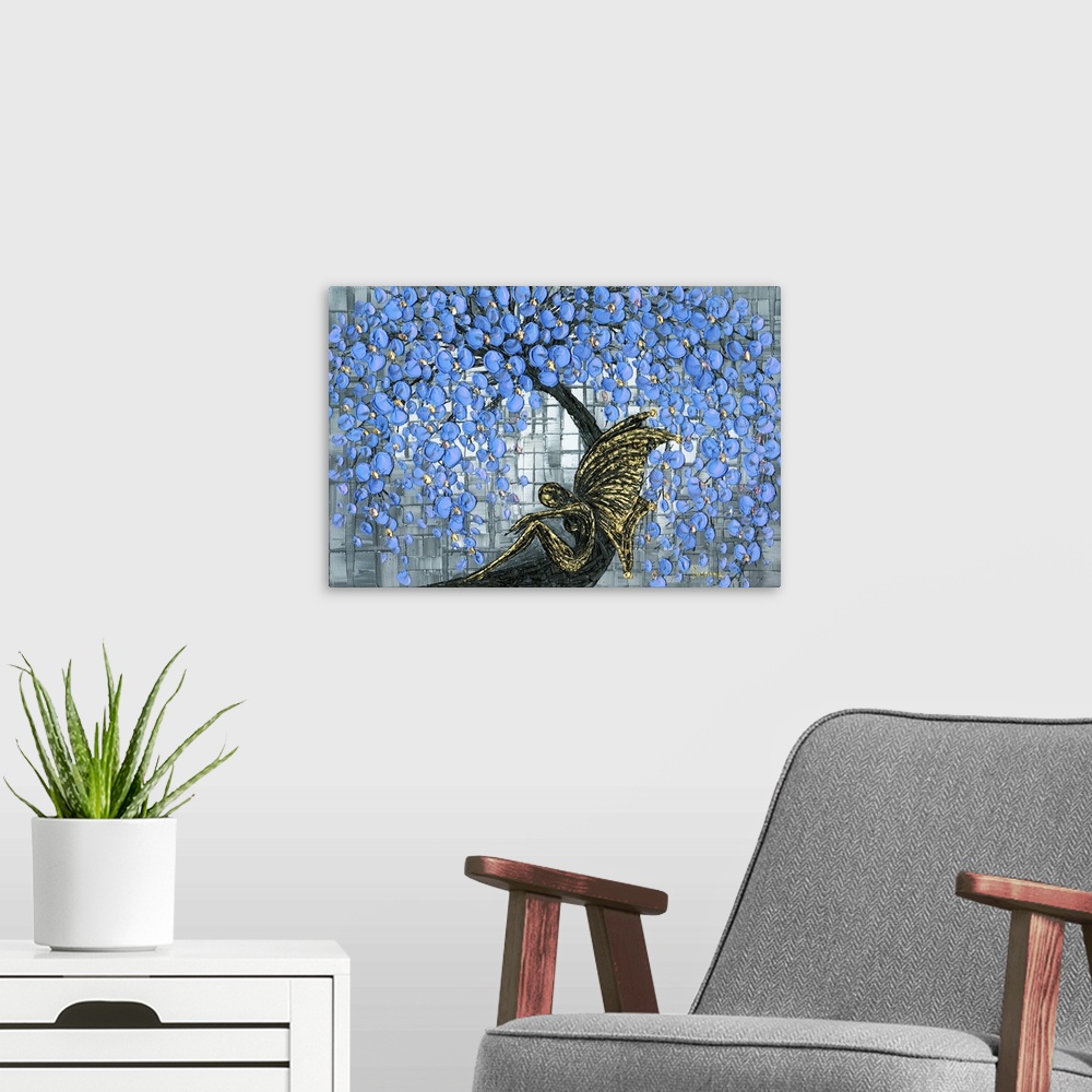 A modern room featuring Black and gold forest warrior dark fairy resting under a magic blue cherry blossom tree with a te...