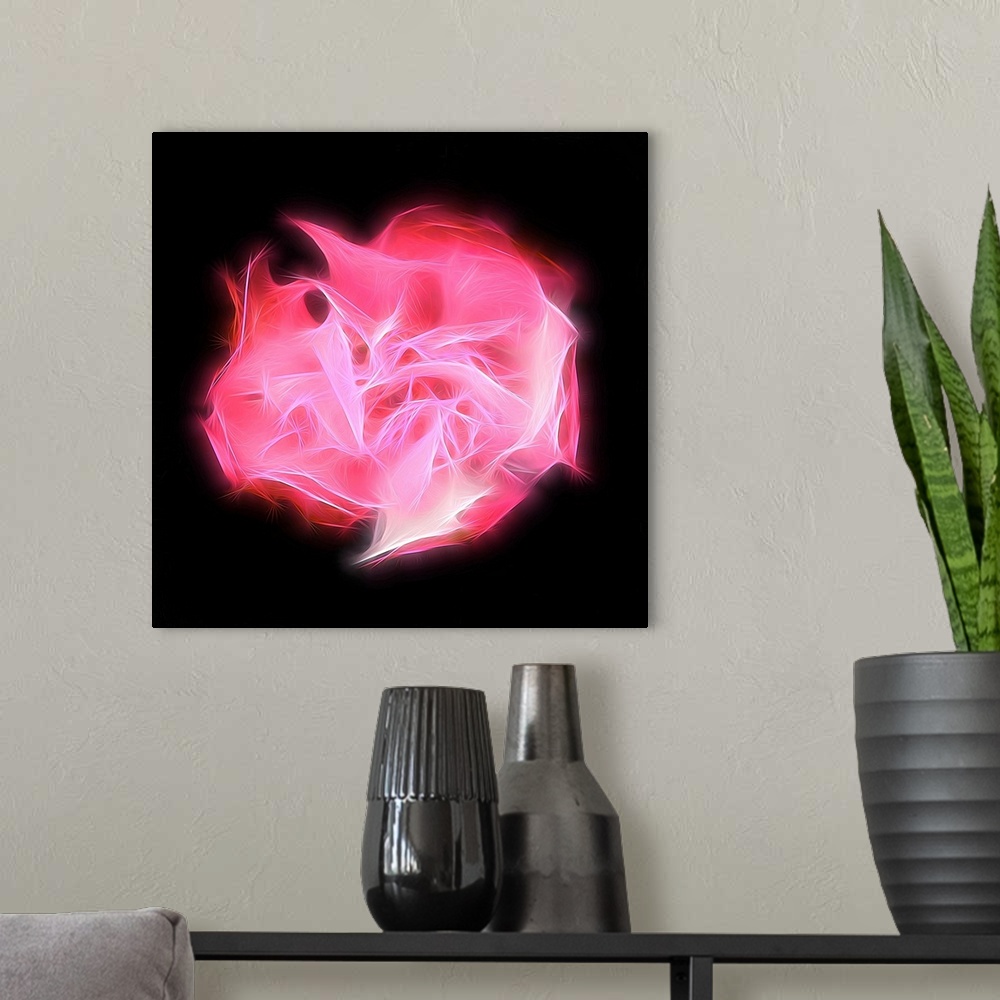 A modern room featuring Square digital art with a bright red shape representing chakra, made with intertwining lines in t...