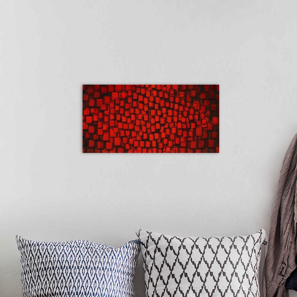 A bohemian room featuring Large abstract painting with bright red square layered on top of each other with dark black highl...