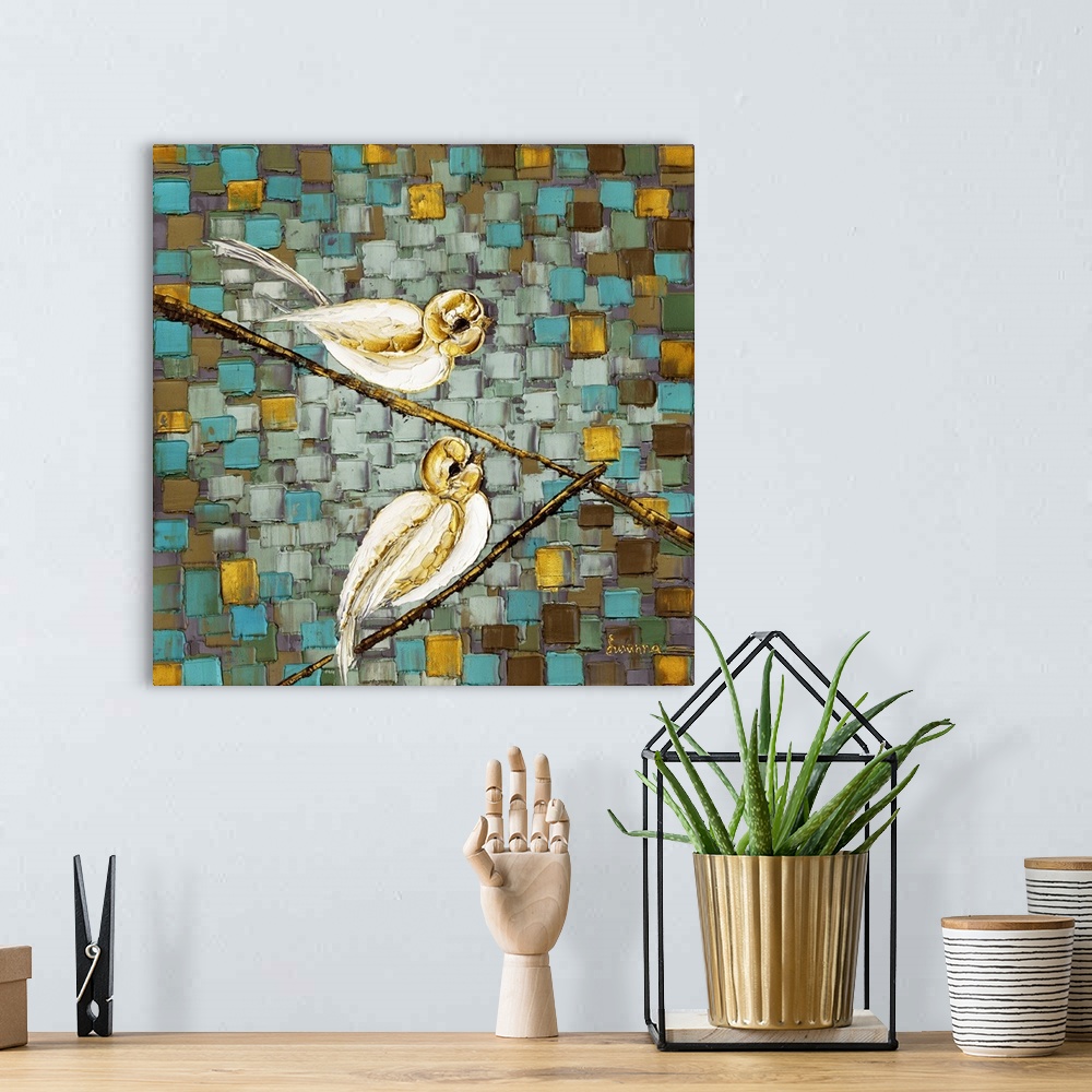A bohemian room featuring Square painting with two birds perched on thin gold branches on a background created with layered...