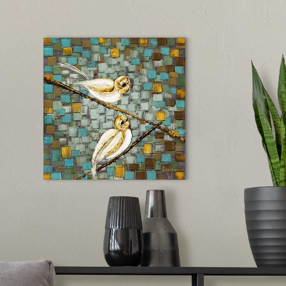 A modern room featuring Square painting with two birds perched on thin gold branches on a background created with layered...