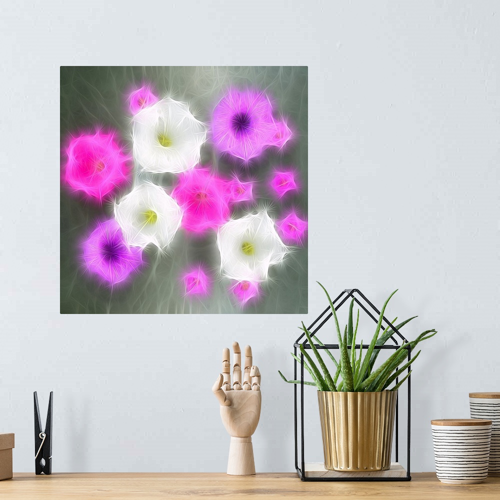 A bohemian room featuring Square digital illustration of pink, purple, and white flowers on a gray background.