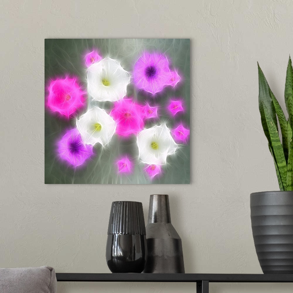 A modern room featuring Square digital illustration of pink, purple, and white flowers on a gray background.