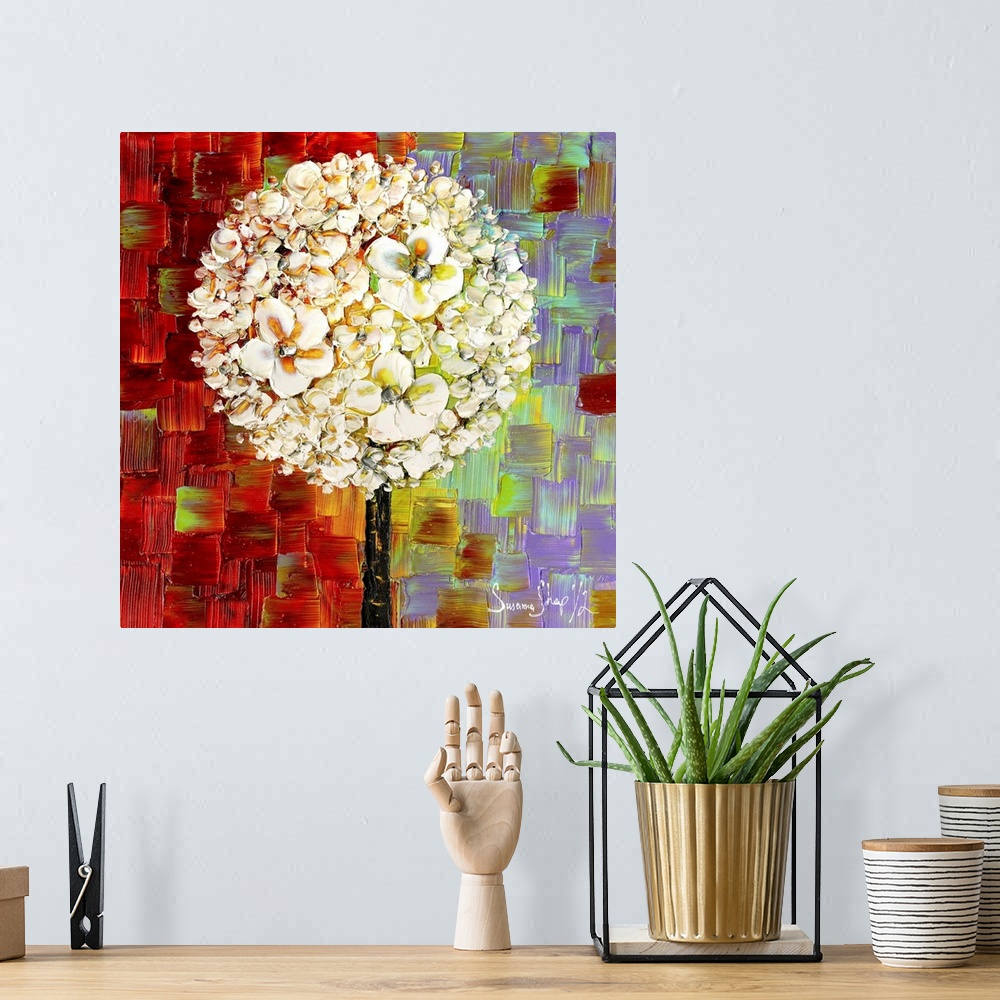 A bohemian room featuring Square painting of a white blossom lollipop tree on a colorful background created with layered sq...
