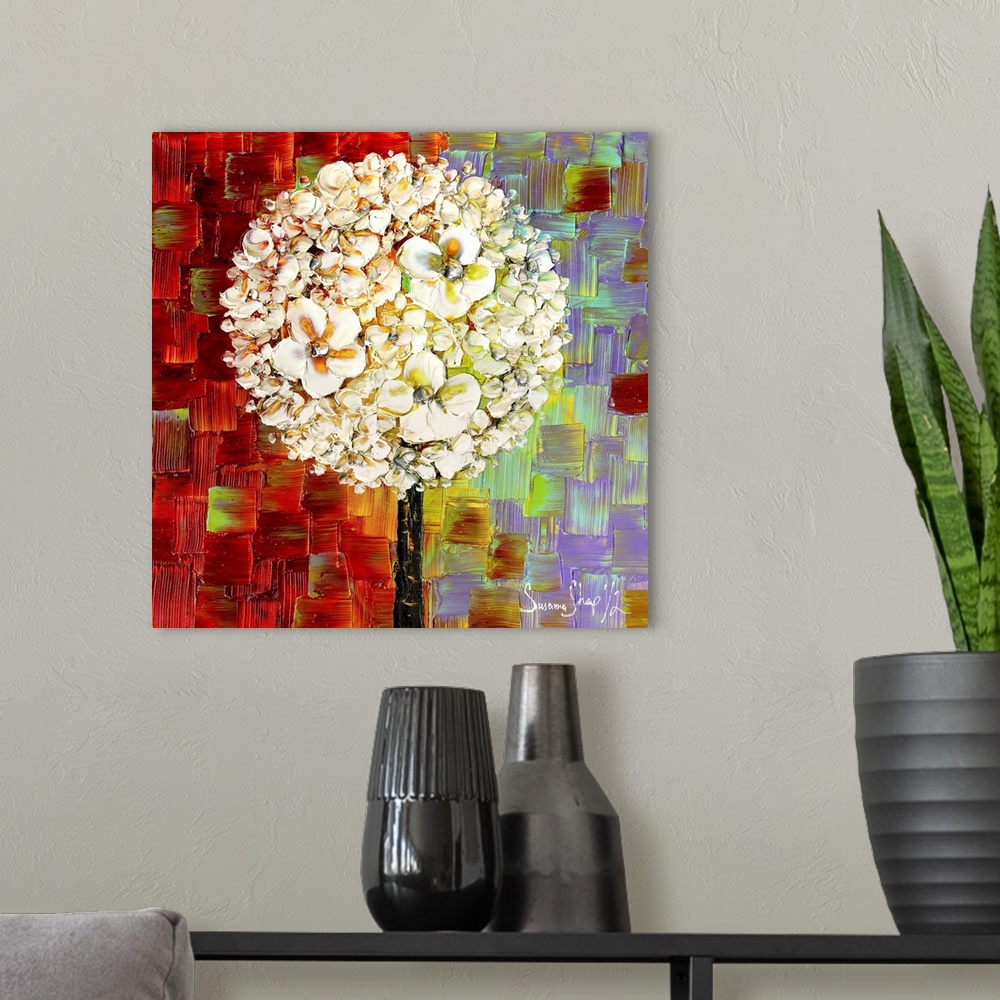 A modern room featuring Square painting of a white blossom lollipop tree on a colorful background created with layered sq...