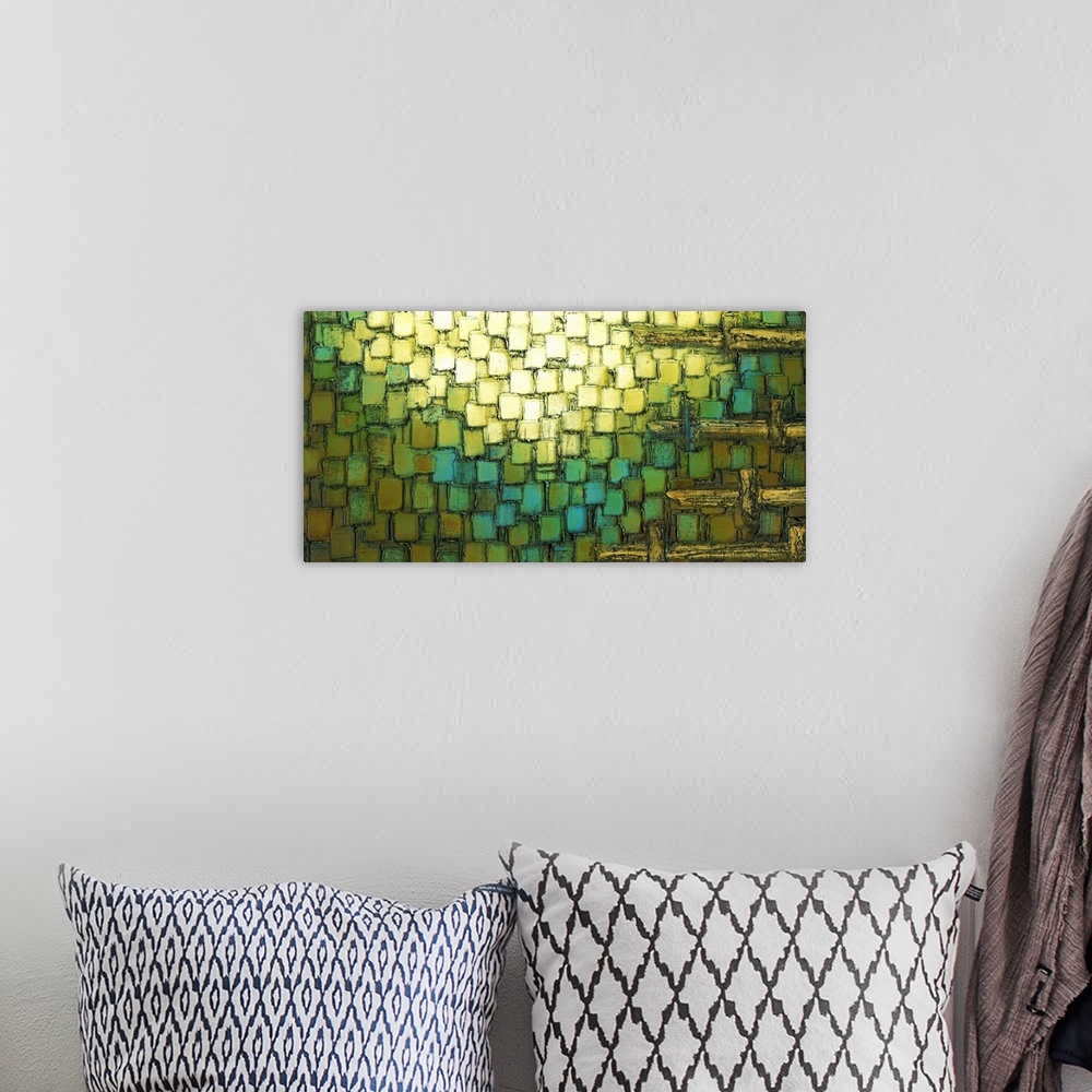 A bohemian room featuring Yellow, green, blue, brown, and gold toned abstract painting created with layered square brushstr...