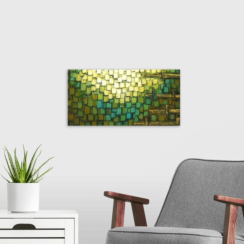 A modern room featuring Yellow, green, blue, brown, and gold toned abstract painting created with layered square brushstr...