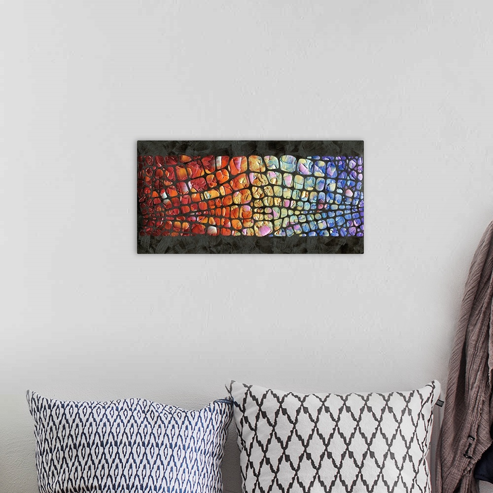 A bohemian room featuring Abstract painting with a multicolored scale pattern on a black textured background.