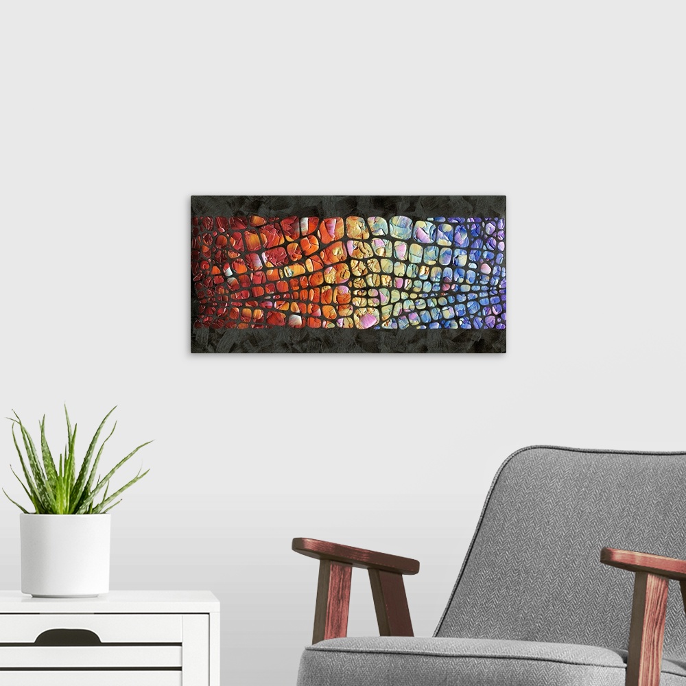 A modern room featuring Abstract painting with a multicolored scale pattern on a black textured background.