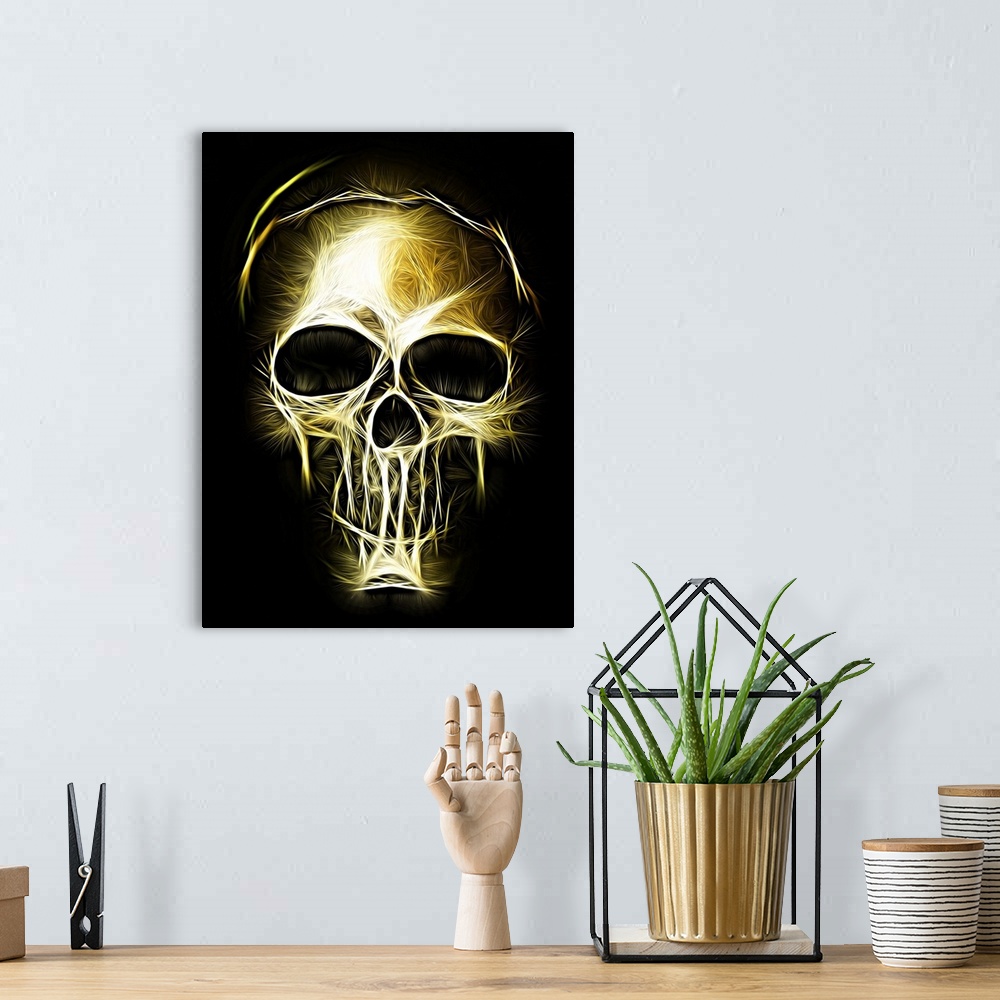 A bohemian room featuring Black, gold and white digital illustration of a skull with electrifying lines.