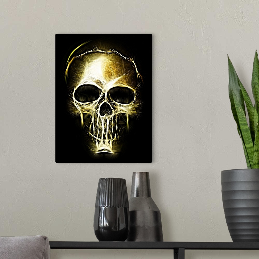 A modern room featuring Black, gold and white digital illustration of a skull with electrifying lines.