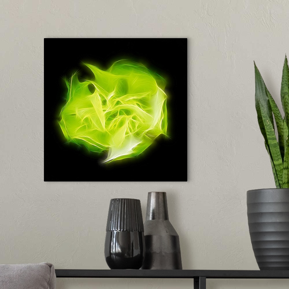 A modern room featuring Square digital art with a bright green shape representing chakra, made with intertwining lines in...