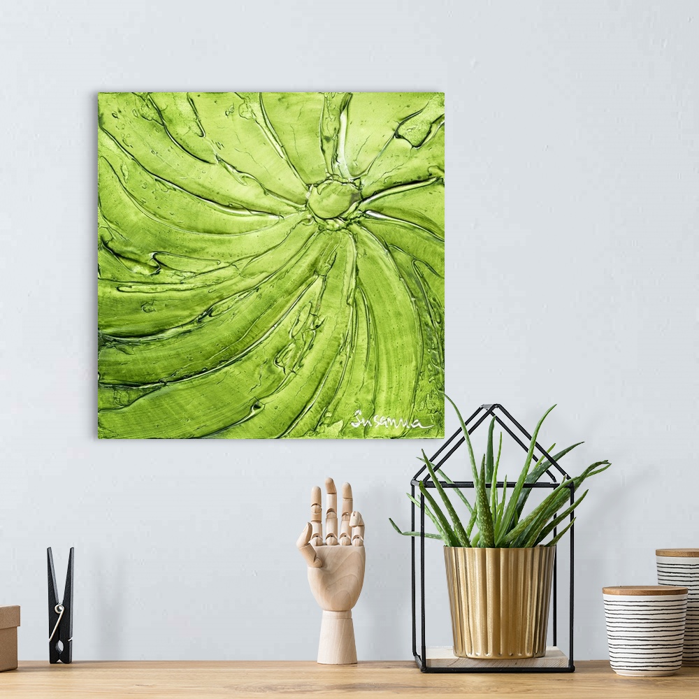 A bohemian room featuring Square abstract painting with thick curved lines meeting together at a circle in bright green and...