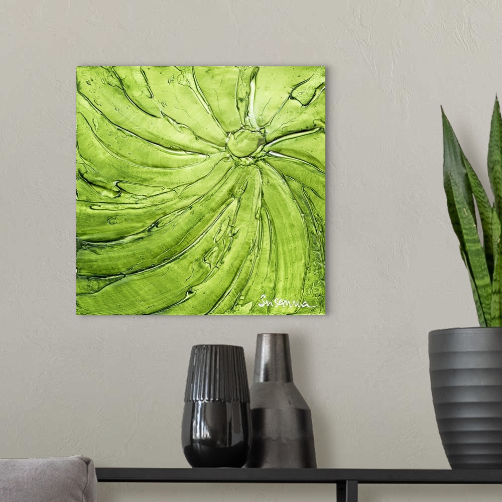 A modern room featuring Square abstract painting with thick curved lines meeting together at a circle in bright green and...