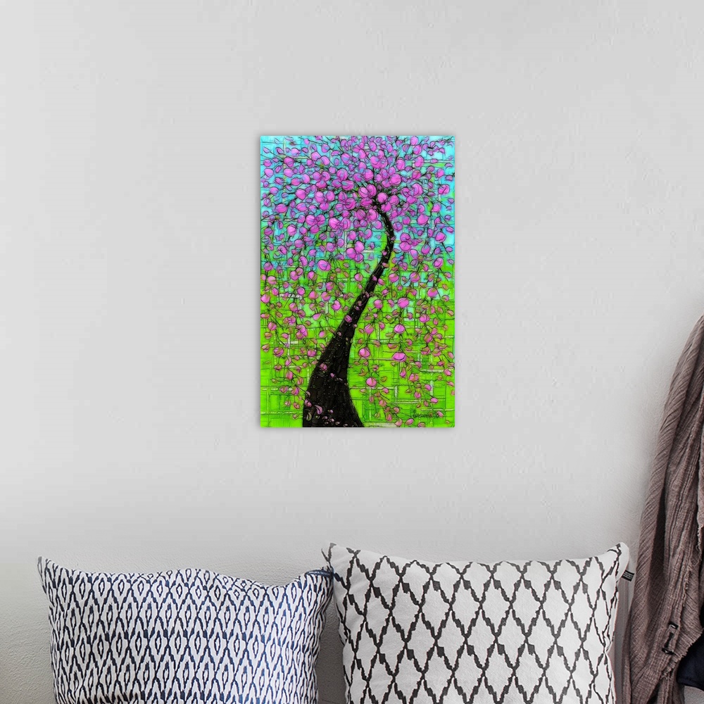 A bohemian room featuring Digital illustration of a large blossoming tree with bright pink flowers on a light blue and gree...