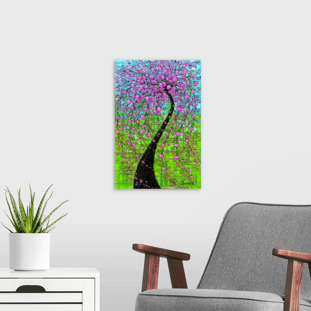 A modern room featuring Digital illustration of a large blossoming tree with bright pink flowers on a light blue and gree...