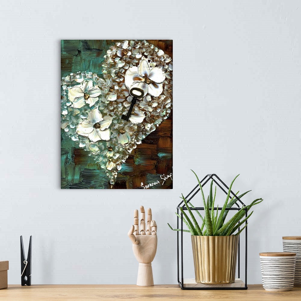 A bohemian room featuring Contemporary painting of a heart created with white flowers layered together with larger flowers ...