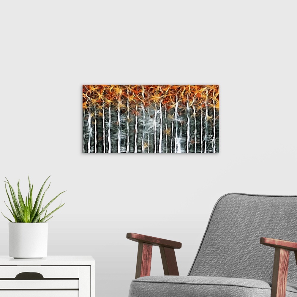 A modern room featuring Abstract landscape art with tall Autumn trees in rows created with intertwining lines that looks ...