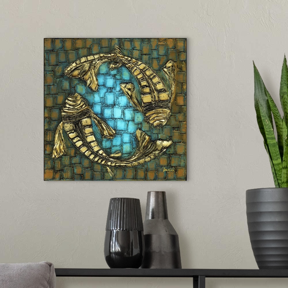 A modern room featuring Abstract Koi Fish - Blue Brown Gold- Impressionist Fine Art.