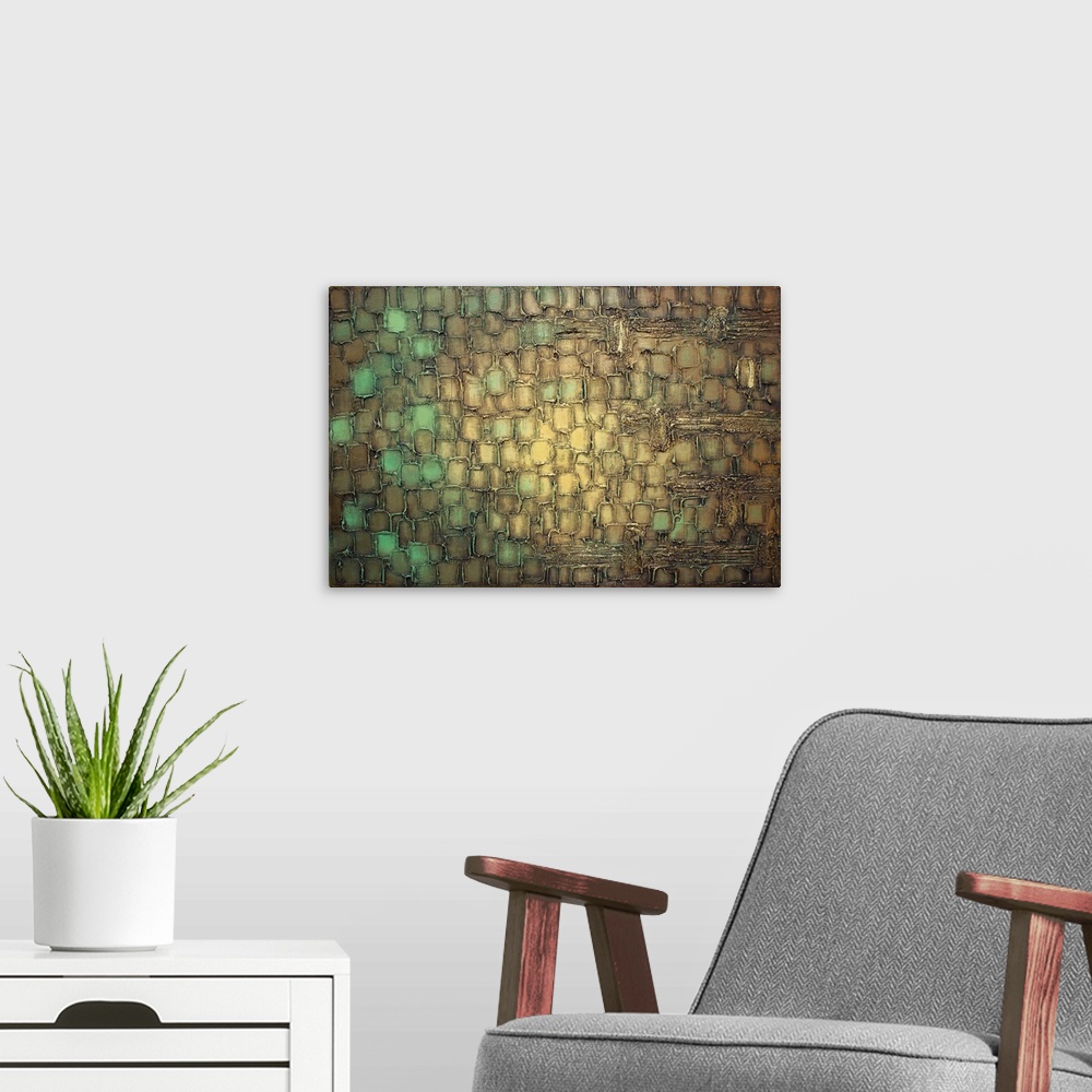 A modern room featuring Abstract painting with green, brown, gold, and yellow squared brushstrokes layered on top of each...