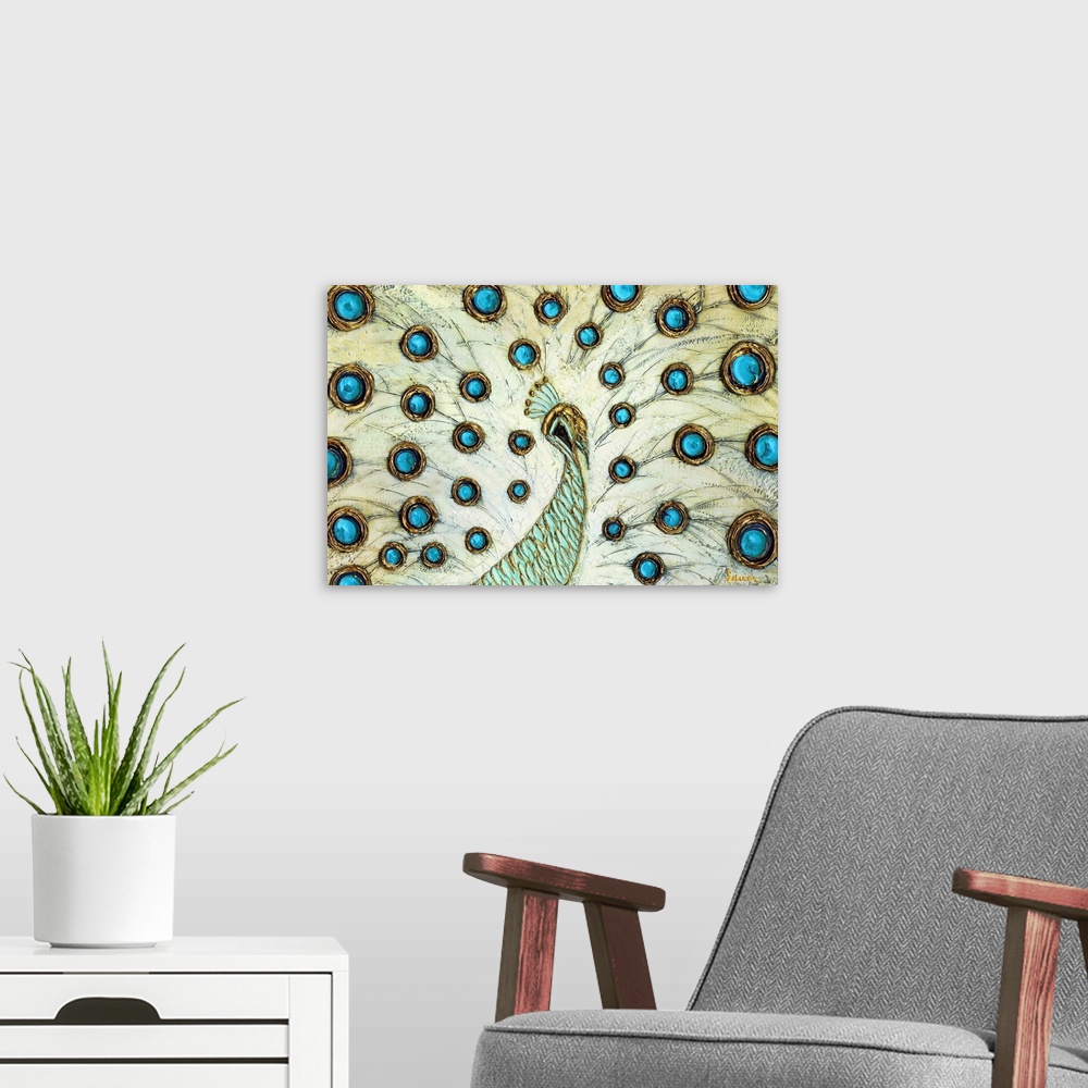 A modern room featuring Contemporary painting of a peacock with blue and gold circular markings on its feathers in an imp...