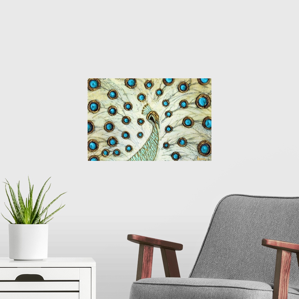 A modern room featuring Contemporary painting of a peacock with blue and gold circular markings on its feathers in an imp...
