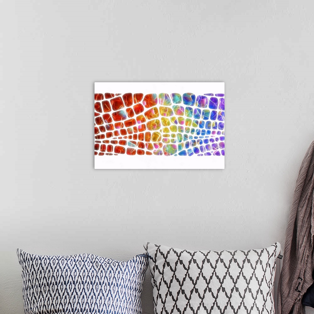 A bohemian room featuring Digital illustration of a rainbow scale pattern on a white background.