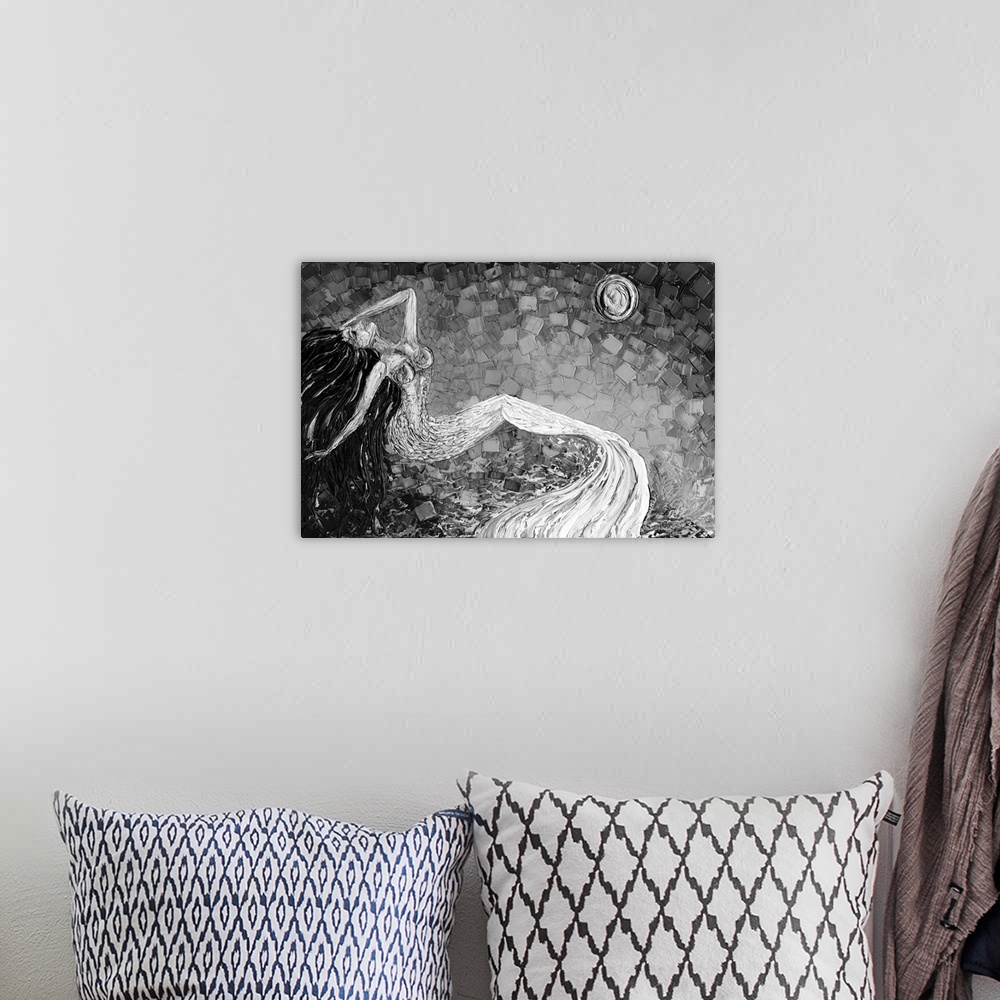 A bohemian room featuring Black and white painting of a mermaid with long flowing hair on a background made with layered sq...