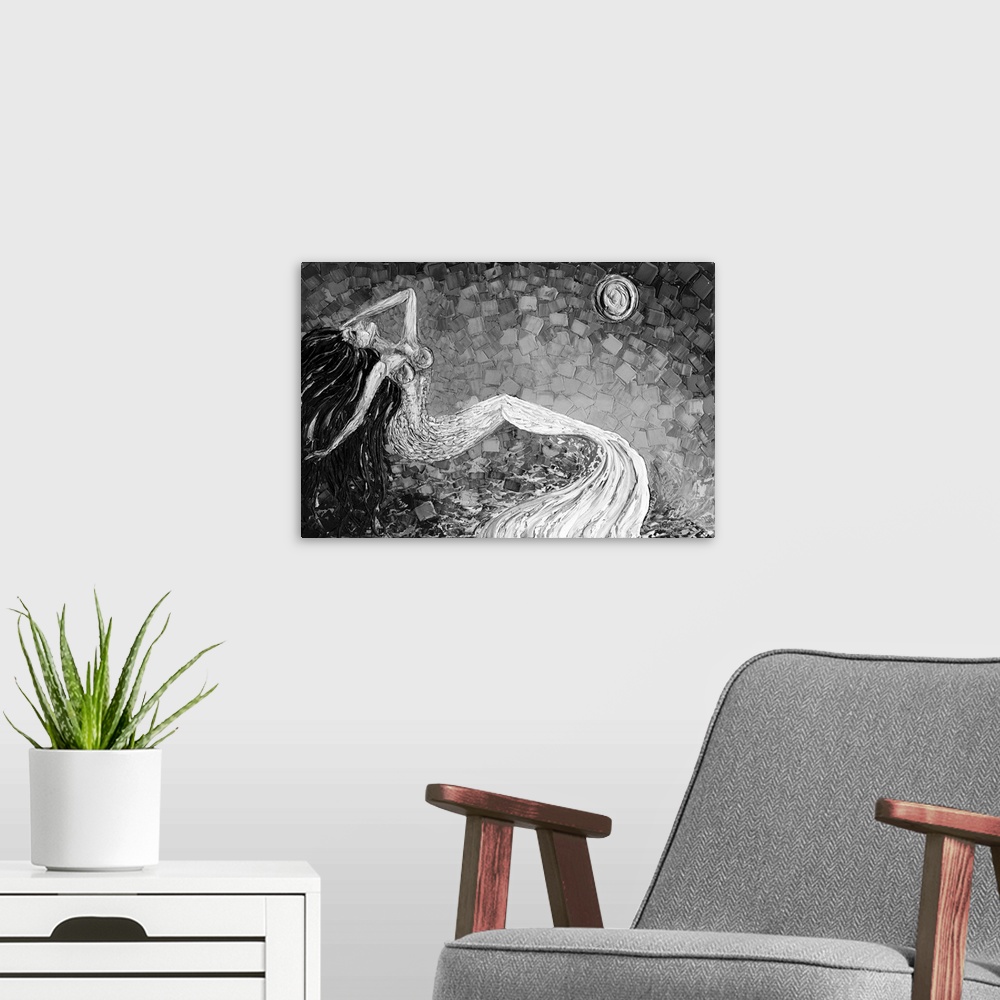 A modern room featuring Black and white painting of a mermaid with long flowing hair on a background made with layered sq...