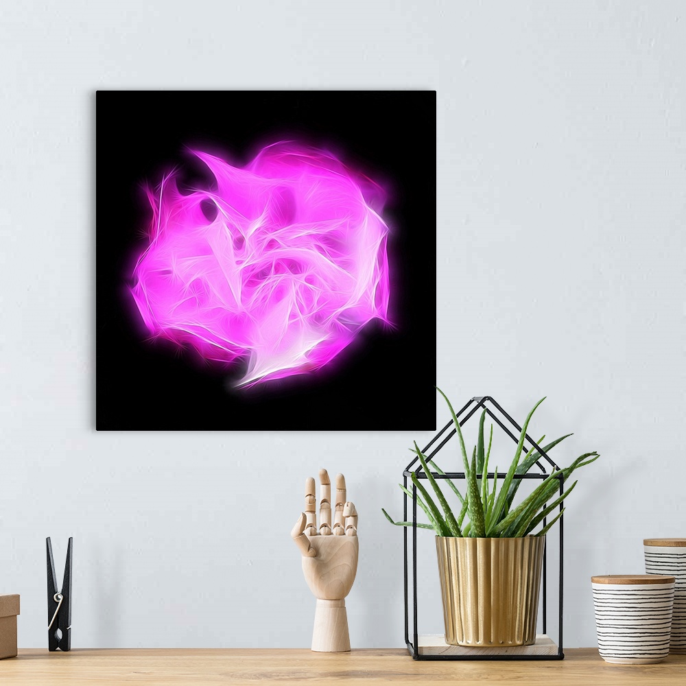 A bohemian room featuring Square digital art with a bright pink shape representing chakra, made with intertwining lines in ...