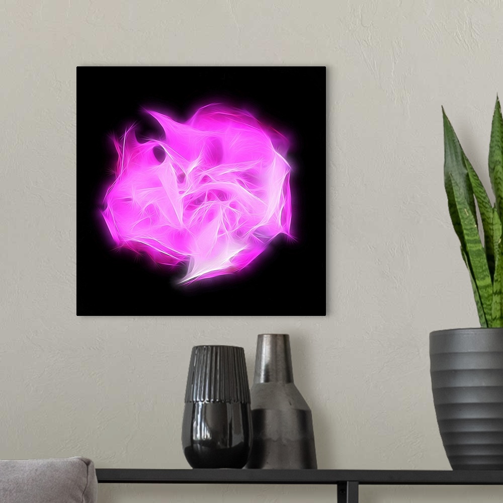 A modern room featuring Square digital art with a bright pink shape representing chakra, made with intertwining lines in ...