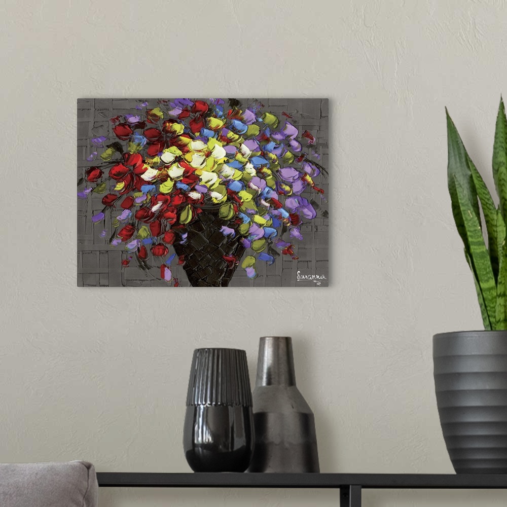 A modern room featuring Modern rainbow petals floral bouquet on charcoal background.
