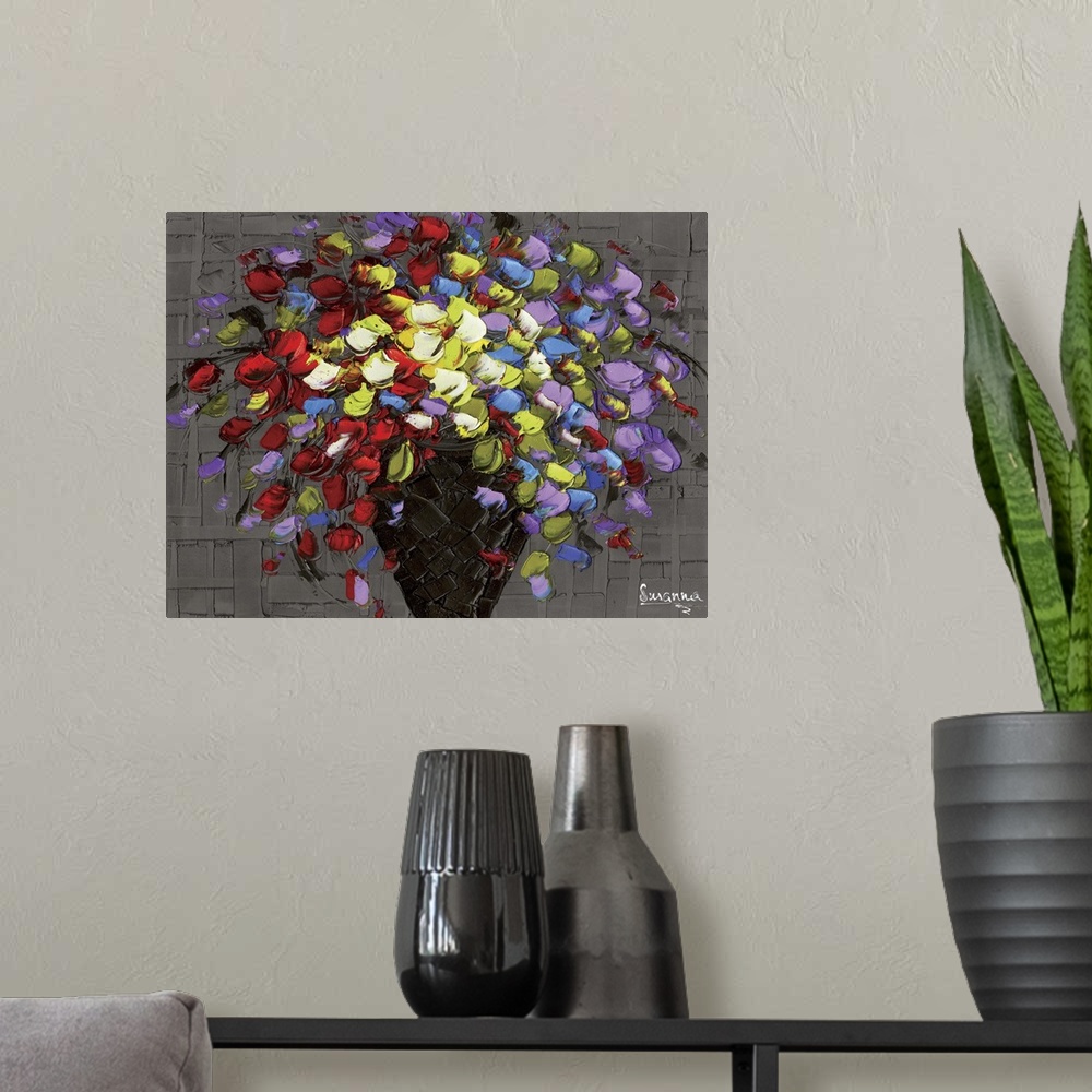 A modern room featuring Modern rainbow petals floral bouquet on charcoal background.