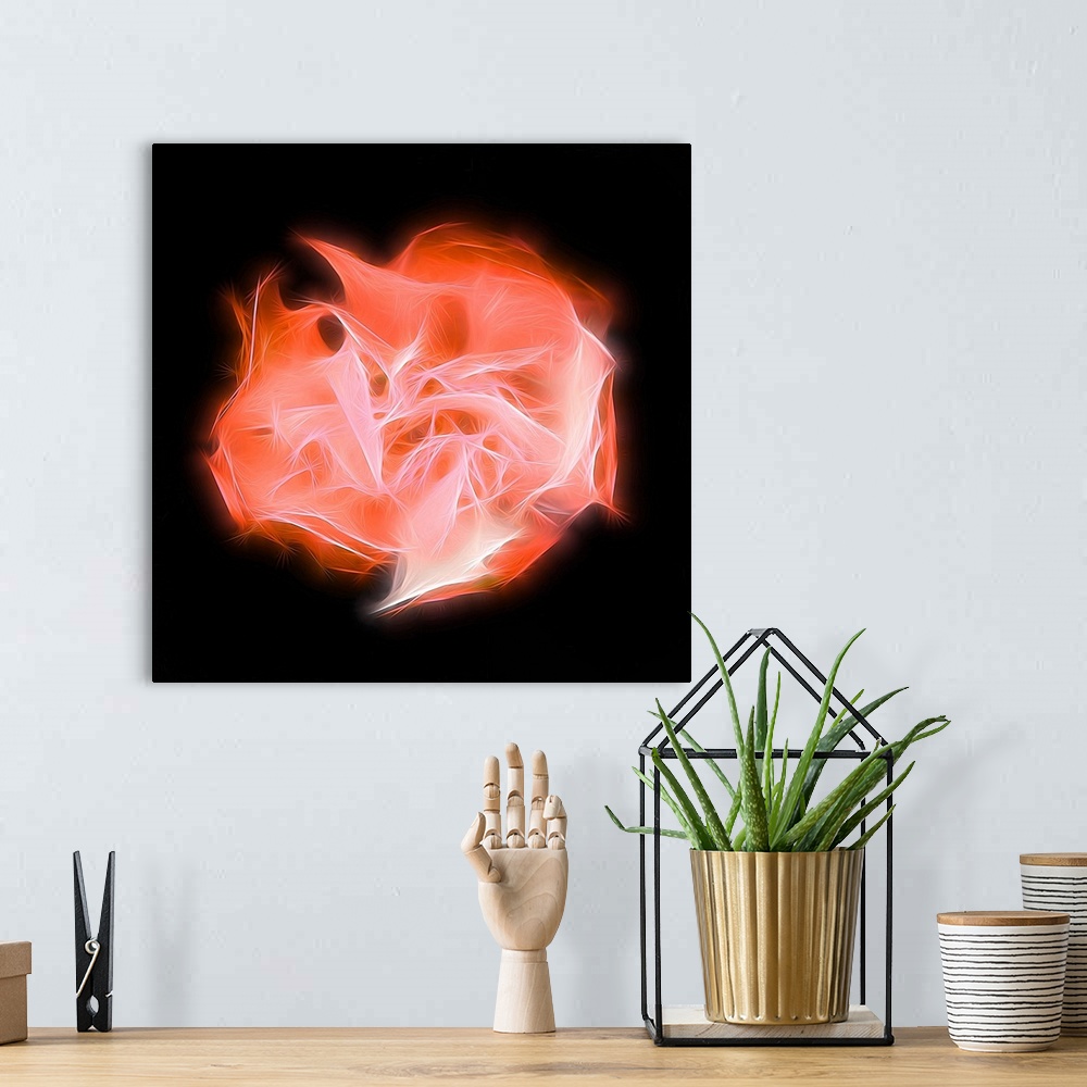A bohemian room featuring Square digital art with a bright orange shape representing chakra, made with intertwining lines i...