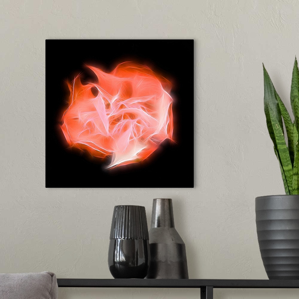 A modern room featuring Square digital art with a bright orange shape representing chakra, made with intertwining lines i...
