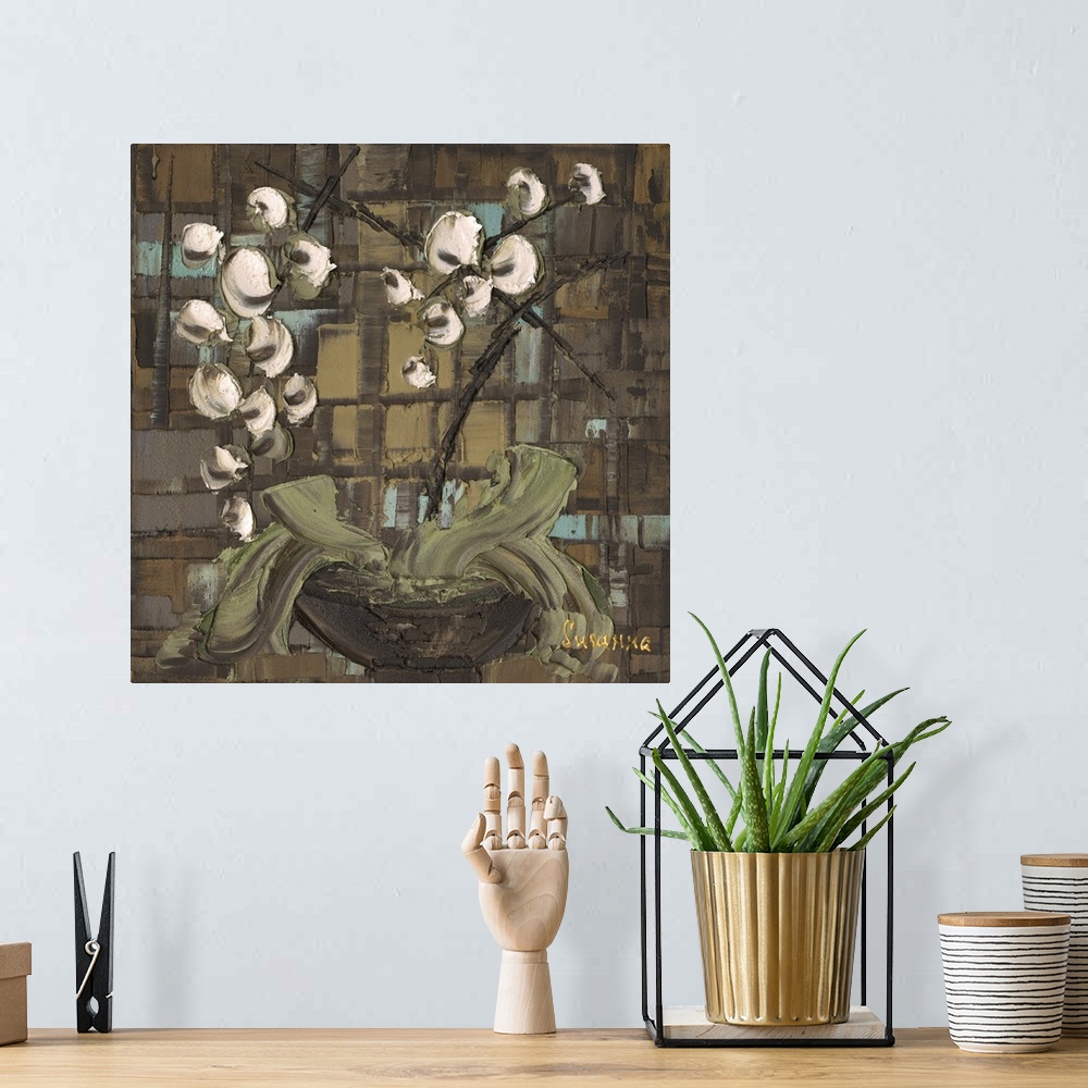 A bohemian room featuring Square painting of orchids planted in a pot on a brown textured background with hints of light blue.