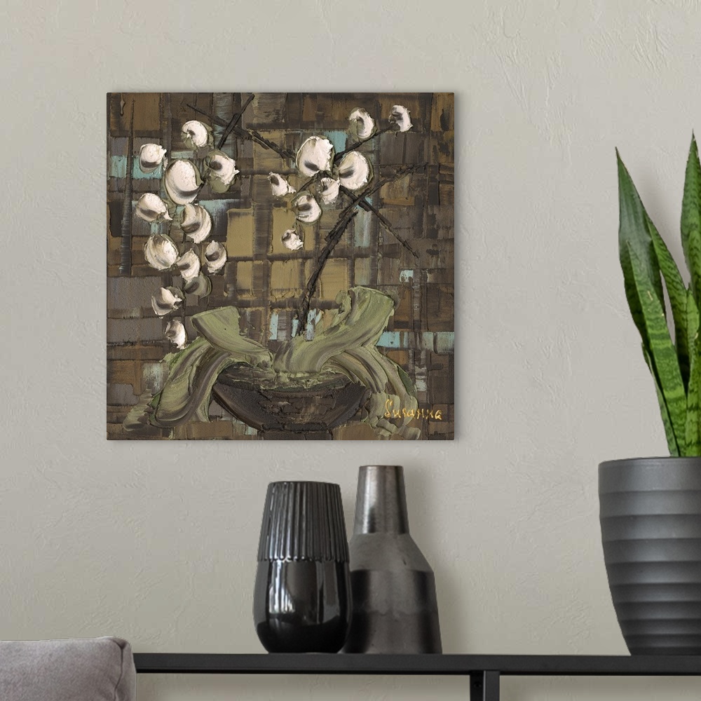 A modern room featuring Square painting of orchids planted in a pot on a brown textured background with hints of light blue.