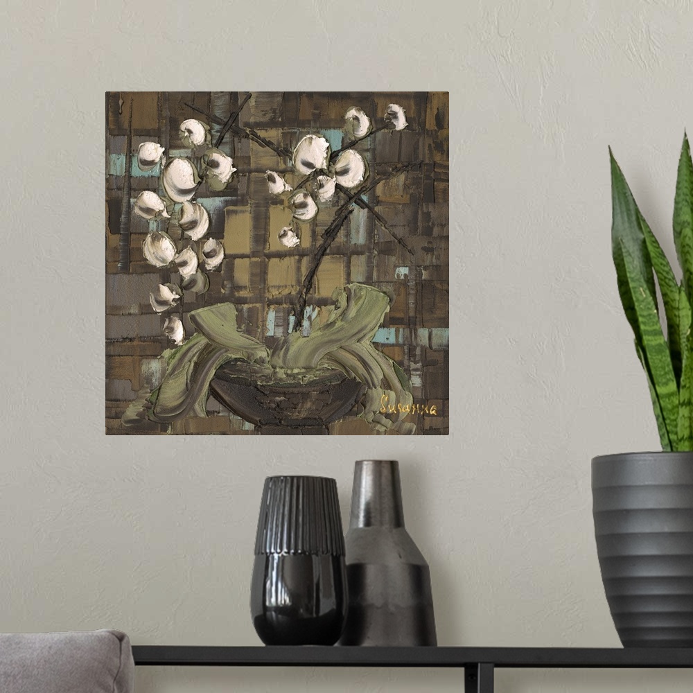A modern room featuring Square painting of orchids planted in a pot on a brown textured background with hints of light blue.