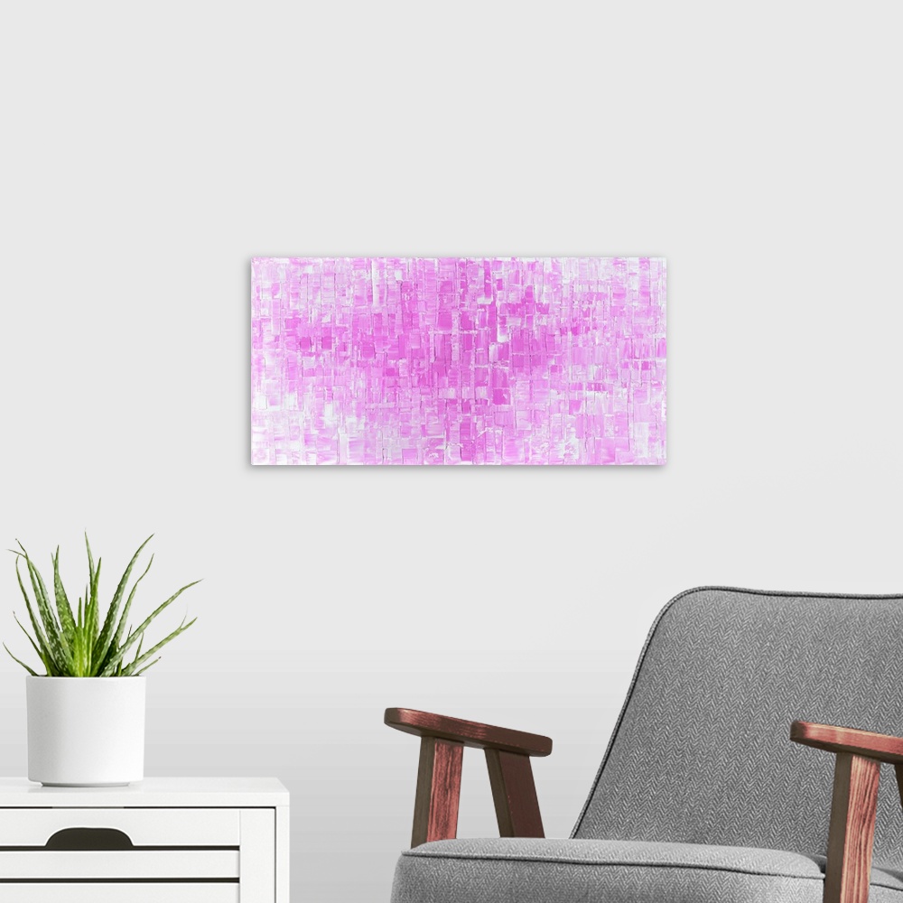 A modern room featuring Large abstract art in shades of pink and white with geometric shapes.