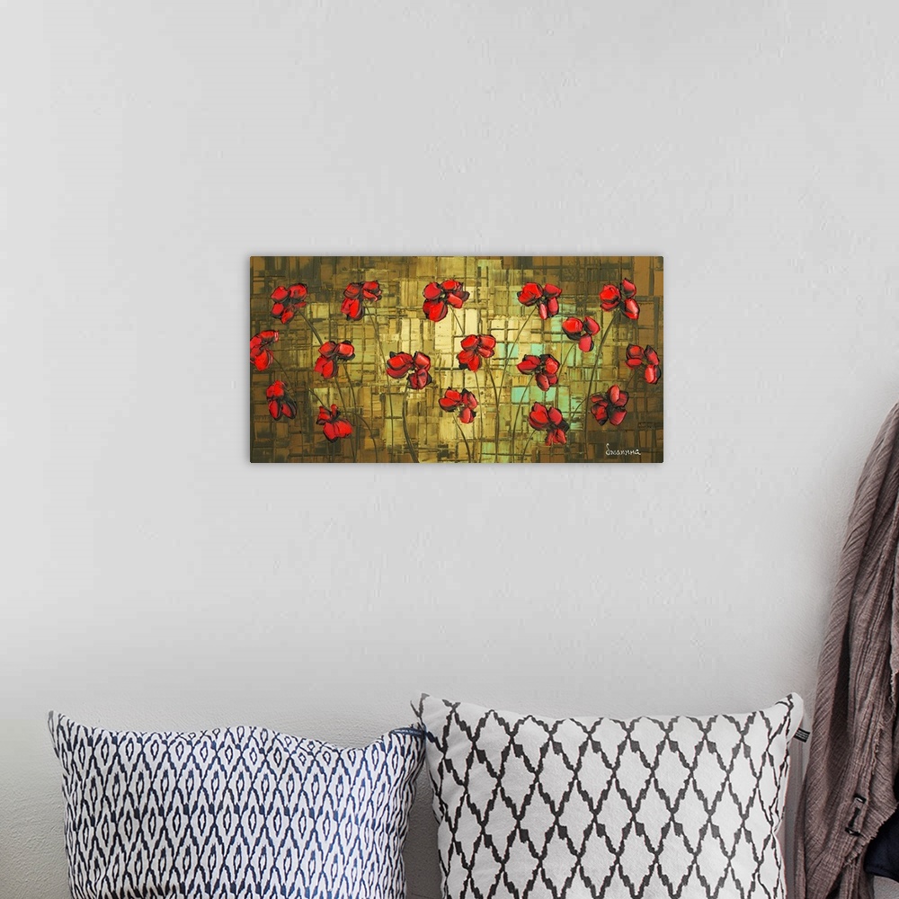 A bohemian room featuring Contemporary red poppies on an abstract brown, gold, and blue background.