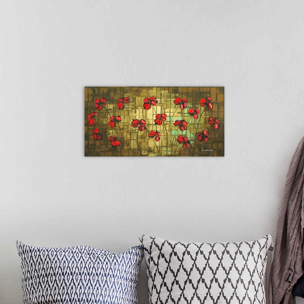 A bohemian room featuring Contemporary painting of red poppies with black shadows on a brown, gold, and blue textured backg...