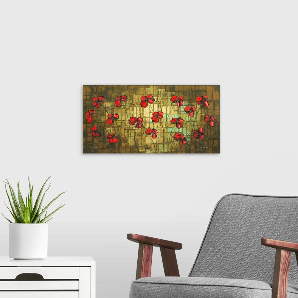 A modern room featuring Contemporary painting of red poppies with black shadows on a brown, gold, and blue textured backg...