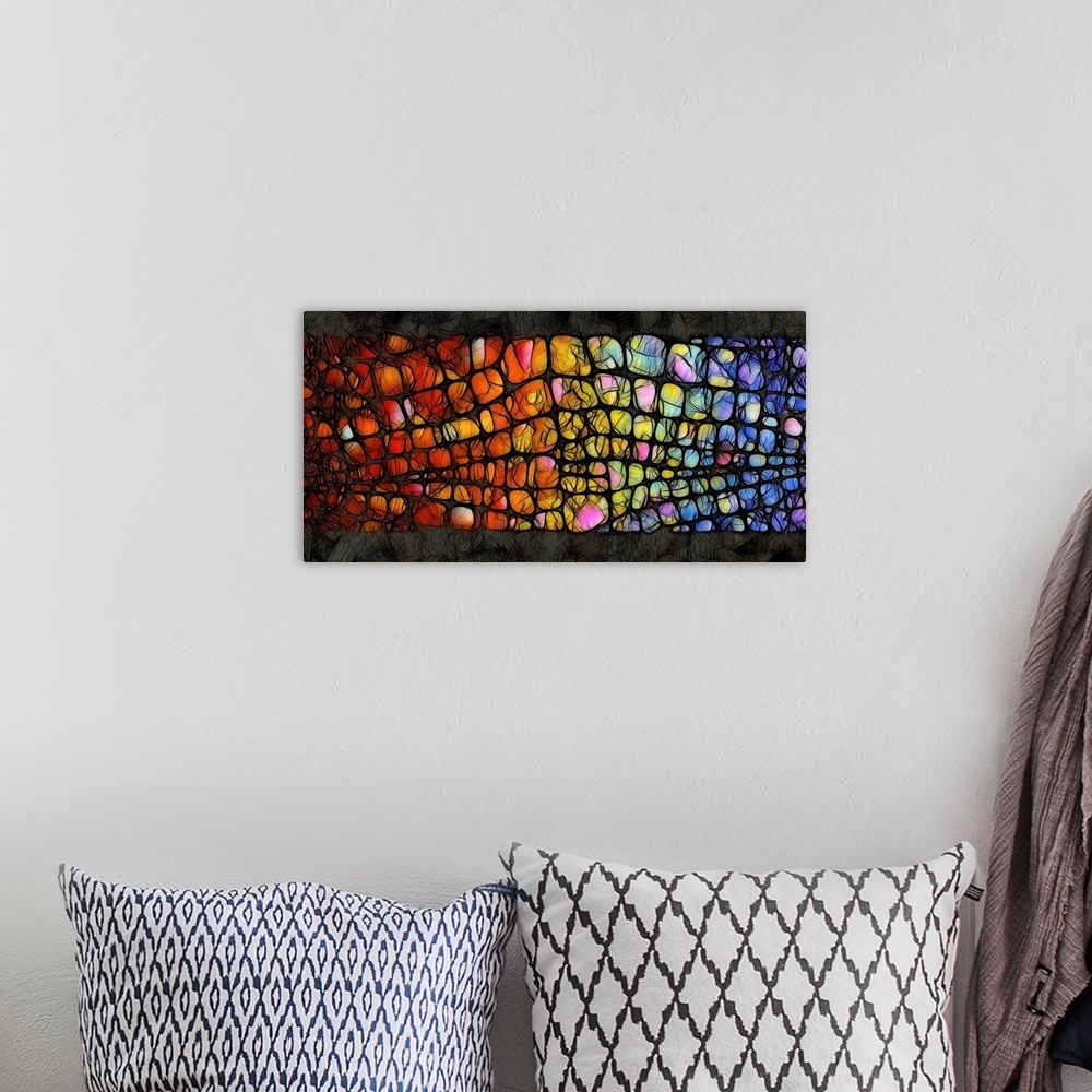 A bohemian room featuring Digital illustration of a rainbow scale pattern with black outlines on a black background with sc...