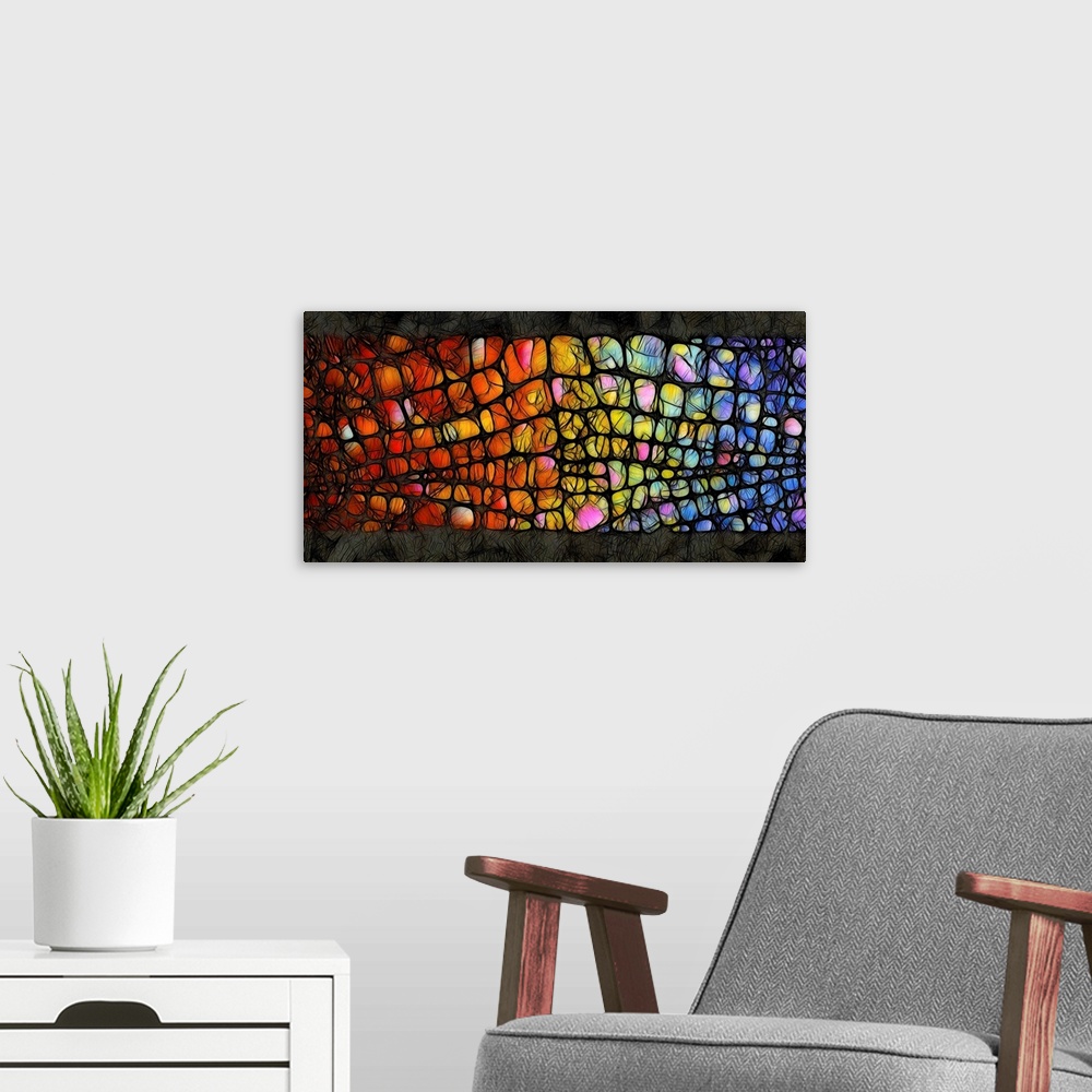 A modern room featuring Digital illustration of a rainbow scale pattern with black outlines on a black background with sc...