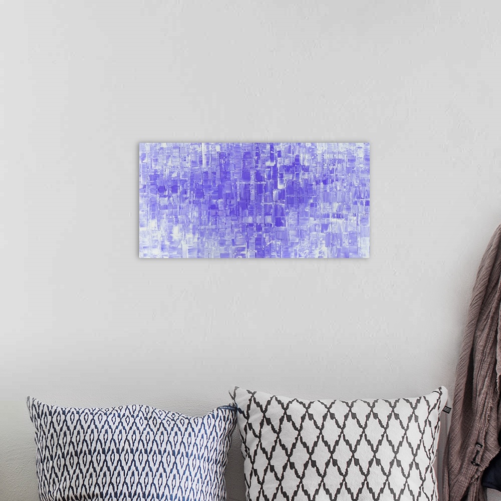 A bohemian room featuring Large abstract art in shades of purple and white with geometric shapes.