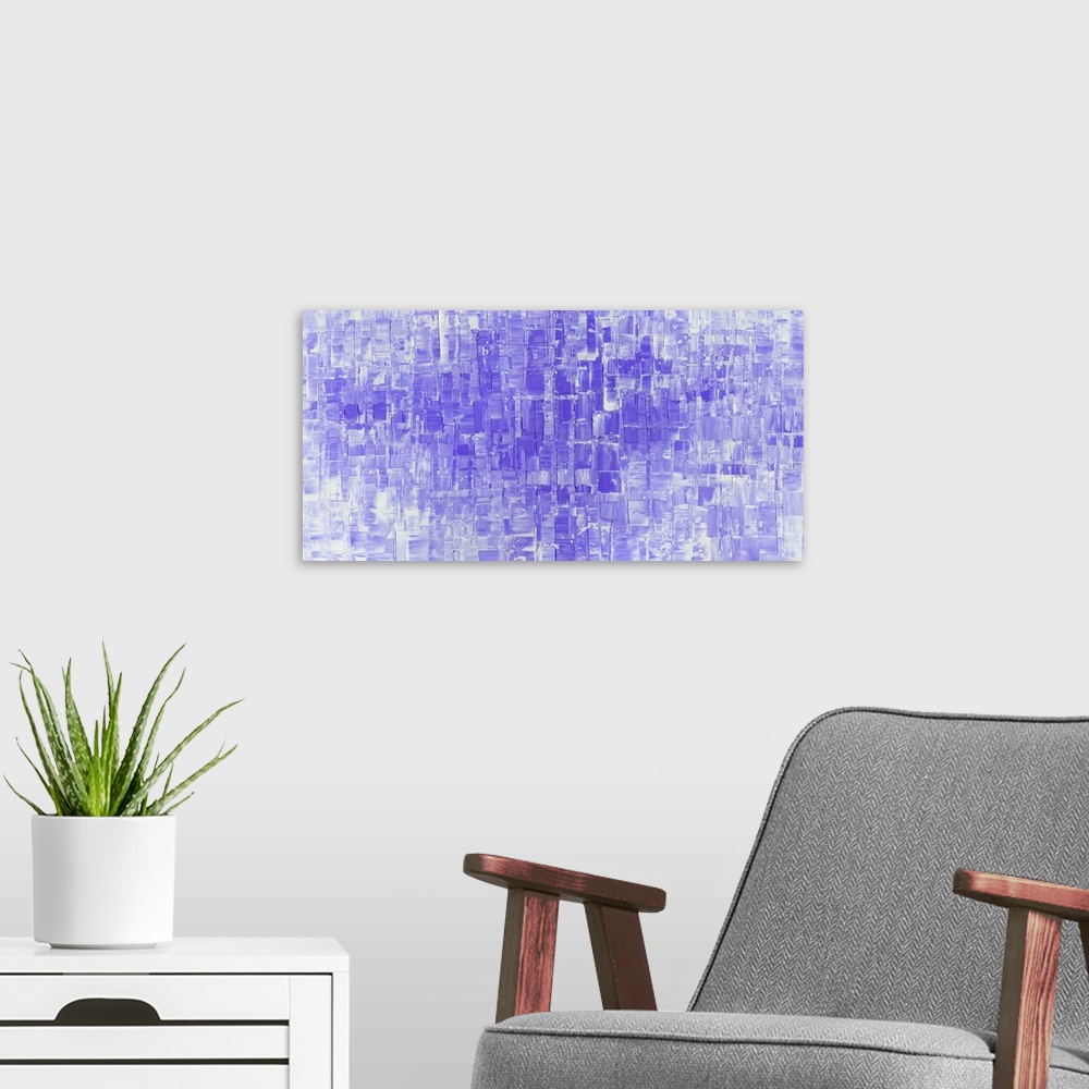 A modern room featuring Large abstract art in shades of purple and white with geometric shapes.