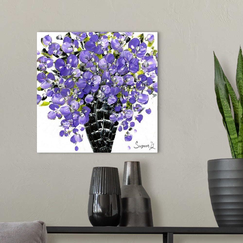 A modern room featuring Square painting with textured purple flowers arranged in a black vase on a white background.